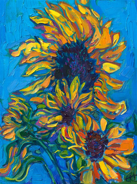 Erin Hanson has been described as a modern van Gogh, and she has certainly been inspired by sunflowers like van Gogh was! The large sunflower heads are a beautiful contrast to the colorful, curving leaves -- the perfect subject matter for a contemporary impressionist painter.</p><p>"Sunflower Blues II" is an original oil painting on linen board. The piece arrives framed in a classic plein air frame, ready to hang.