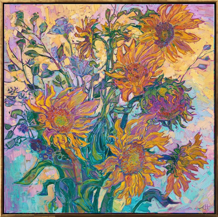 Large sunflower blooms blossom with color across this large, impressionistic painting. The lively, impasto brush strokes add excitement and motion to the piece. This painting is unique in that the oil paint was applied over squares of 24 karat gold leaf. This adds a subtle gleam of warm color to the painting. You can see the gold leaf sparkle and catch the light when you view the painting from different angles.</p><p>"Sunflower Gold" is an original oil painting done on stretched canvas. The piece arrives framed in a classic floater frame finished in 23kt gold leaf. This piece will be exhibited in <a href="https://www.erinhanson.com/Event/SunflowerShow">The Sunflower Show</a>, at The Erin Hanson Gallery in McMinnville, on June 25, 2022.</p><p><b>About Sunflower Paintings</b><br/>Sunflower paintings rank as one of the most recognizable icons of impressionism, right along with water lilies, haystacks, and starry nights. Their bright, expressive blooms can be painted while still growing in the orchards or cut in vases. Their long, layered petals are either as bright as the summer sun or drooping with expressive melancholy. Even the empty heads, with perhaps a few curled petals still clinging to the edges, are a beautiful subject to paint. Erin Hanson's collection of <a href="https://www.erinhanson.com/Portfolio?search=sunflower">sunflower paintings</a> is a celebration of impressionism, a nod to van Gogh, and a commemoration of this poignant flower.</p><p>