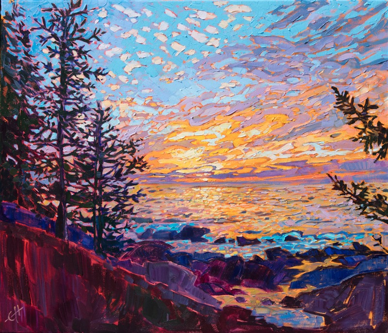 A dramatic sunrise sends scintillating light across the coastal landscape of Acadia National Park. Spruce trees grow close to the water's edge, framing the picturesque vista. The loose, impressionistic brush strokes capture the feeling of being out of doors.</p><p>"Sunscape" was created on 1-1/2" canvas, with the painting continued around the edges. The piece arrives framed in a 23kt gold leaf floater frame.
