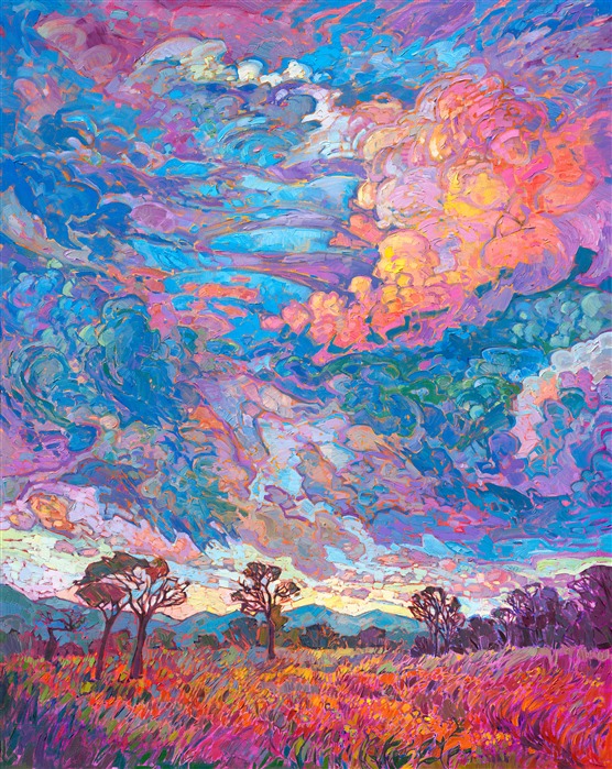 A dramatic sky breathes color and movement above the wildflower-strewn landscape of Texas hill country. The impressionistic brush strokes are thickly applied and add texture and dimension to the painting.</p><p>"Texan Sky III" was created on 1-1/2" canvas, with the painting continued around the edges. The piece has been framed in a hard-carved Open Impressionist frame.