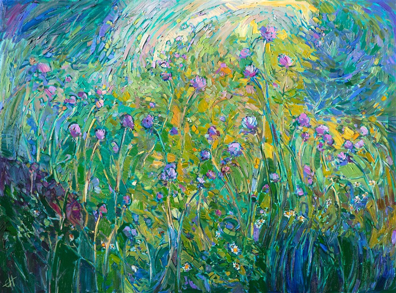This original oil painting captures a burst of color in the form of wild thistles among the summer grasses.  The impressionistic brush strokes are thickly applied with a brush, creating a sense of excitement and motion between the wildflowers.  The colors are stunning and yet subtle, blending beautifully together.</p><p>This painting was created over 24 karat gold leaf, applied directly to the canvas as an "underpainting."  The thin sheets of gold gleam with subtle lights from between the brush strokes, catching the light and making the painting seem to glow from within.  This style of painting was inspired by Gustav Klimt's fascinating use of gold leaf in his figurative works.</p><p>Like all the <a href="https://www.erinhanson.com/Portfolio?col=24_Karat_Collection">24 Karat Collection</a> paintings, this piece is painted on 3/4" canvas and arrives framed in a classic gilded frame, ready to hang.  Please <a href"https://www.erinhanson.com/Contact"> contact the artist</a> for more pictures and video of the finished piece.  