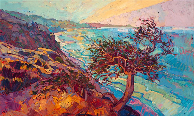 Torrey Pines is captured in bold, abstracted strokes of thickly applied oil paint, the colors alive and vivid, bringing to life the early morning saturated light that can only been seen along the California coast.  This modern impressionist painting forms a mosaic of color and texture across the canvas.</p><p>This painting was created on gallery-depth canvas, with the painting continued around the edges of the canvas, creating a modern wrapped look.  This painting can be hung without a frame if desired.
