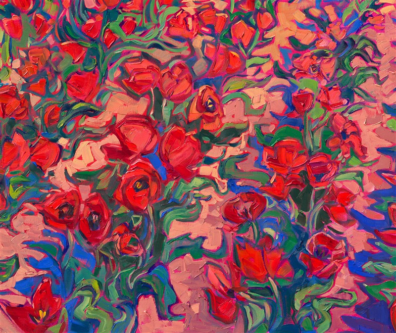 Nestled in the heart of Oregon wine country, Woodburn showcases hundreds of acres of tulip fields. The multi-colored blooms catch the light of the setting sun, glowing in a myriad of rainbow colors. This large-scale oil painting captures the grandeur and beauty of the transient colors of spring in the Willamette Valley.</p><p>"Tulip Blooms" was created on 1-1/2" canvas, and the painting arrives framed in a contemporary gold floater frame finished in 23kt gold leaf. The impressionistic brush strokes are laid side-by-side, without layering, which creates an impressive depth and impasto quality to the painting, and the piece seems to glow from behind like stained glass.