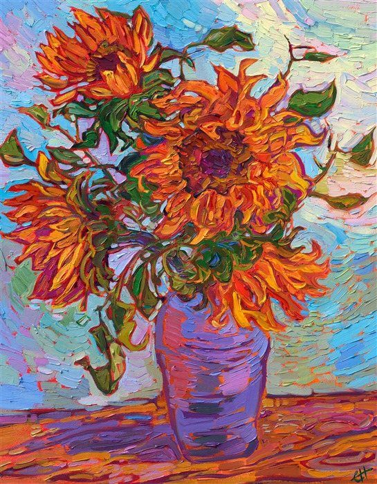 Rich hues of orange and gold spill from a purple vase, in this modern, impressionist oil painting. The impasto brush strokes create a rhythm of texture upon the canvas, an almost edible texture of colorful paint.</p><p>"Vase of Sunflowers" is an original oil painting created on fine linen board. The piece arrives framed in a gold plein air frame, to set off the colors of the piece.</p><p>This painting will be displayed in <a href="https://www.erinhanson.com/Event/SunflowerShow"><i>The Sunflower Collection</i></a> exhibition, on June 25th, at The Erin Hanson Gallery in McMinnville, OR. </p><p><b>About the show:</b> Discover the colorful world of contemporary impressionism through the works of Erin Hanson. Based in Oregon wine country, this modern-day master is preparing to release a collection of works inspired by sunflowers. A nod to the iconic visions of blooms by van Gogh, The Sunflower Show will be a celebration of summer color and texture.