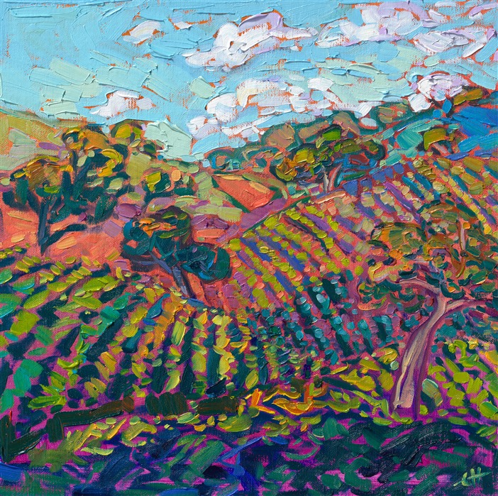 Paso Robles is, in my opinion, the most beautiful wine country America has to offer. The vineyards are planted on rolling hills, interspersed with ancient oak trees and winding country roads. This painting captures the beauty of California wine country with thick, impressionistic brushstrokes and expressive color.</p><p>"Vineyard Hill" is an original oil painting on linen board, done in Erin Hanson's signature Open Impressionism style. The piece arrives framed in a wide, mock floater frame finished in black with gold edging.</p><p>This piece will be displayed in Erin Hanson's annual <i><a href="https://www.erinhanson.com/Event/petiteshow2023">Petite Show</i></a> in McMinnville, Oregon. This painting is available for purchase now, and the piece will ship after the show on November 11, 2023.