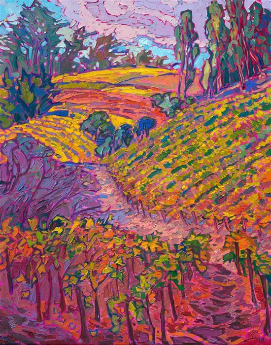 Overlapping layers of vines are drenched in autumn hues of burnt orange, mustard yellow, and amethyst purple. The thickly applied brush strokes are placed side-by-side, creating a textured tapestry of vineyard color. </p><p>"Vineyard Hues" is an original oil painting created on stretched canvas. The piece arrives framed in a 23kt burnished gold floater frame, ready to hang.