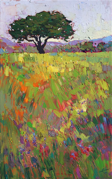 Gentle spring colors of lavender and tangerine cover the canvas in a blanket of fresh color. The brush strokes in this painting are thick and impressionistic, full of life and movement.