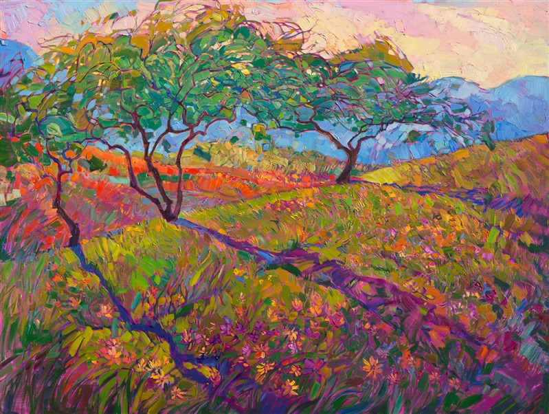 A burst of spring color celebrates the first painting in the new Wildflower Collection, inspired by this year's rainfall and explosion of wildflower color.  The impasto brush strokes create an impressionistic movement of light and color across the canvas.</p><p>This painting was created on museum-depth canvas, with the painting continued around the edges of the stretched canvas. It arrives ready to hang without a frame. (Please contact the artist if you would like information on framing options.)
