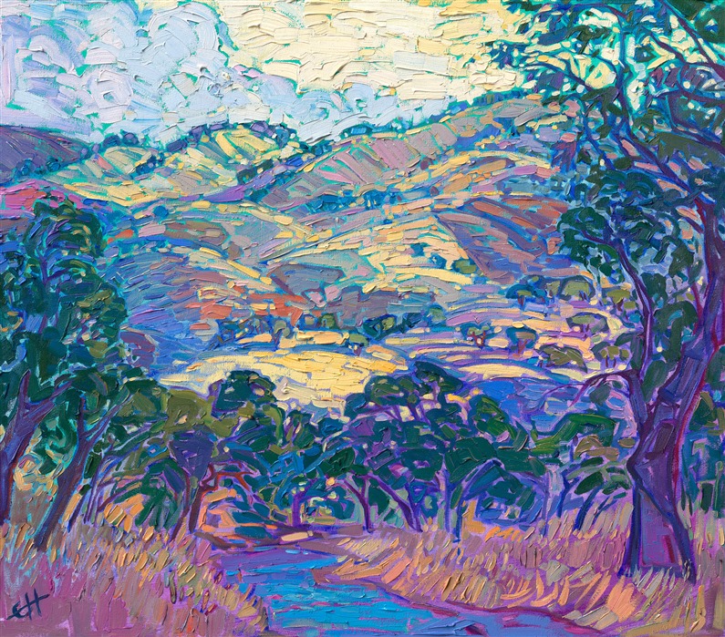 <b>PLEASE NOTE: This painting will be hanging at the Santa Paula Art Museum for Erin's <a href="https://www.erinhansonprints.com/Event/CaliforniaImpressionismatSantaPaulaMuseum" target="_blank"><i>Colors of California</a></i> exhibition. You may purchase this painting online, but the earliest we can ship your painting is July 30th.</b></p><p>Wintery gold hills catch the early morning light in this oil painting of Carmel Valley, near Monterey. The loose, impressionistic brush strokes capture the texture and movement of the grasses and the trees.</p><p>"Winter Hills" was created on 1-1/2" stretched canvas, with the painting continued around the edges. The piece arrives framed in a contemporary gold floater frame.