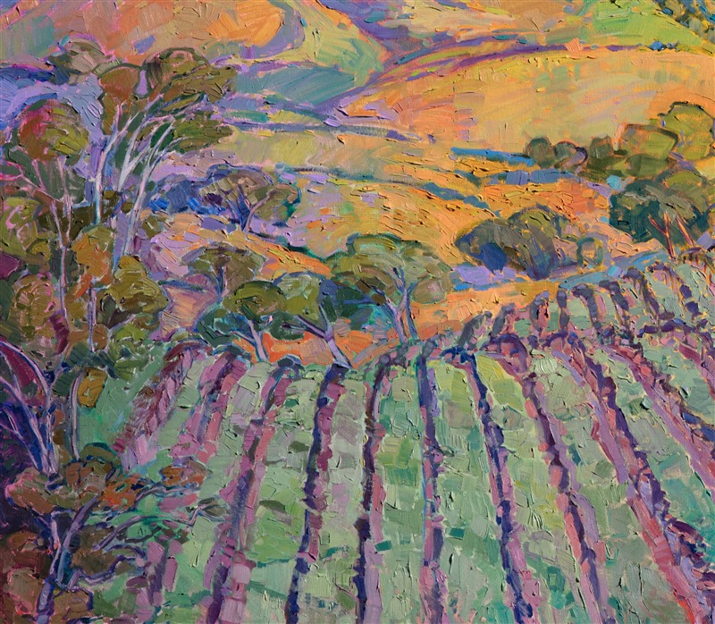 This large oil painting captures all the beauty of Paso Robles wine country. The rolling hills and rows of vineyards are very picturesque and a joy to paint. The expressionistic use of color adds an emotional feeling to painting, transporting the viewer into their own imagination.</p><p>This painting was done on 1-1/2" canvas, with the painting continued around the edges.  It has been framed in a carved gold floater frame.