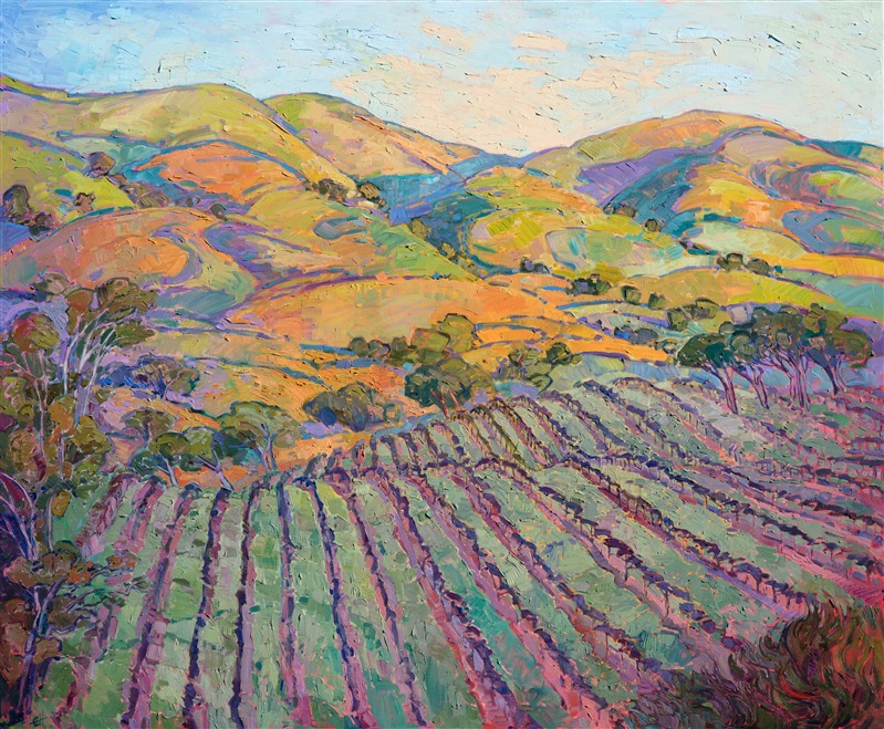 This large oil painting captures all the beauty of Paso Robles wine country. The rolling hills and rows of vineyards are very picturesque and a joy to paint. The expressionistic use of color adds an emotional feeling to painting, transporting the viewer into their own imagination.</p><p>This painting was done on 1-1/2" canvas, with the painting continued around the edges.  It has been framed in a carved gold floater frame.