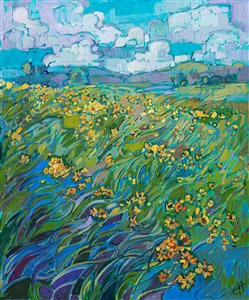 A cascade of yellow wildflowers shines brightly against the verdant carpet of grass. Texas hill country has the most beautiful wildflowers I have ever seen. This painting captures all the beauty and wonder of discovering a field of blooms.

This painting is a part of Erin Hanson's <i>The Floral Show</i> 2019.