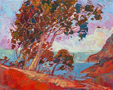 Catalina island has beautiful eucalyptus trees growing along the winding mountain roads.  A burgundy red sunset makes the colors in the landscape come to life.  Thick brush strokes create a lively contrast of color and motion throughout the painting.