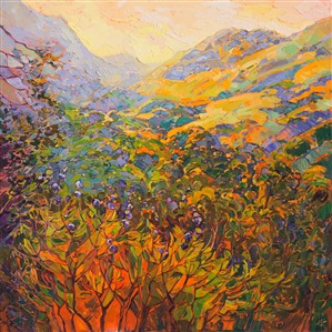 Warm colors of sherbet melt against cool lavender shadows and green oaks, in this oil painting of California wine country.  The impressionistic brush strokes capture the lively color of the outdoors with thick, impasto texture.  Each brush stroke is loosely applied, bringing to life a memory of beauty.

This painting was done on 1-1/2" deep canvas, with the painting continued around the edges of the canvas.