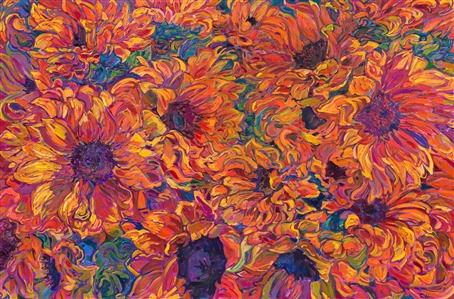 Curving petals of summer sunflowers fill this expansive canvas with vibrant hues of orange and gold. The thickly applied brushstrokes pull your eye throughout the painting, giving the piece a sense of motion. Impressionistic color captures the expressive joy of the blooms.

"Blooming Petals" is an original oil painting of sunflower blooms, by American impressionist Erin Hanson. Hailed as a modern van Gogh, Hanson captures the natural landscapes with bold color and thickly applied paint, in her iconic style "Open Impressionism."