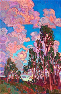 Pink sunset clouds billow above a grove of California eucalyptus trees. The brush strokes are loose and impressionistic, capturing the vivid colors of the scene.

"Sunset Clouds" was created on 1-1/2" canvas, with the painting continued around the edges. The piece arrives framed in a contemporary gold floater frame.