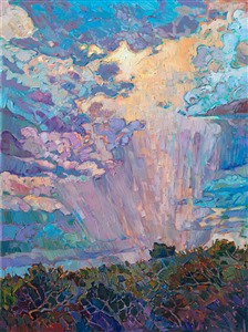 This painting captures the illumination of clouds and summer showers over a dusky landscape. The light seems to vibrate in the sky, and the motion of the rain falling creates a wonderful dynamic to the piece. The brush strokes are loose and impressionistic, capturing the emotional quality of the light.

This painting was created on 1-1/2" canvas, with the painting continued around the edges. The piece arrives framed and ready to hang.