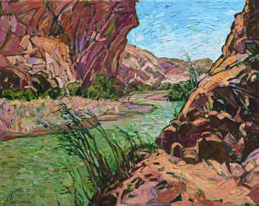The slowly-moving Rio Grande carves a path through the ancient limestone cliffs of Big Bend National Park. The colorful red stone is a beautiful contrast against the lime green waters. This painting captures a scene hiking through the canyons, transporting you to a different world.

This painting will be on display at the Museum of the Big Bend, during the solo exhibition <i><a href="https://www.erinhanson.com/Event/MuseumoftheBigBend" target="_blank">Erin Hanson: Impressions of Big Bend Country.</a></i> This painting will be ready to ship after January 10th, 2019. <a href="https://www.erinhanson.com/Portfolio?col=Big_Bend_Museum_Show_2018">Click here</a> to view the collection.

This painting has been framed in a custom-made gold frame. The painting arrives ready to hang.