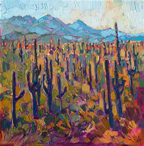 The Saguaro forests of Arizona are a beautiful sight to behold.  The stately cacti stretch far into the distance, running up the sides of distant buttes.  This painting has lively and expressive brush strokes, full of color and texture.

This painting was done on 3/4" stretched canvas, and it has been framed in a classic plein-air frame. It arrives wired and ready to hang.