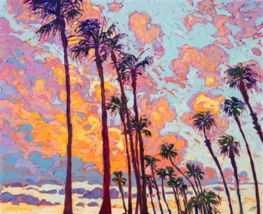Fluffy coastal clouds glint with hues of apricot and rose. A row of palm trees stands in contrast against the brilliant sunset sky. The brush strokes are thick and impressionistic, alive with color and movement.

"Palms Sky II" was created on 1-1/2" canvas, and the piece arrives framed in a contemporary gold floater frame.