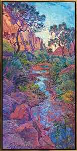 I love walking along the river bed in Zion Canyon. Red rock cliffs reach high into the sky around me, and all around me is silent except for the moving sound of water and the wind rustling through the cottonwood leaves. I walk in and out of shadow beneath the overhanging boughs, my mind completely at peace. This painting captures all my love for this landscape.
<b>Note:
"Zion Waters" is available for pre-purchase and will be included in the <i><a href="https://www.erinhanson.com/Event/SearsArtMuseum" target="_blank">Erin Hanson: Landscapes of the West</a> </i>solo museum exhibition at the Sears Art Museum in St. George, Utah. This museum exhibition, located at the gateway to Zion National Park, will showcase Erin Hanson's largest collection of Western landscape paintings, including paintings of Zion, Bryce, Arches, Cedar Breaks, Arizona, and other Western inspirations. The show will be displayed from June 7 to August 23, 2024.

You may purchase this painting online, but the artwork will not ship after the exhibition closes on August 23, 2024.</b>
<p>