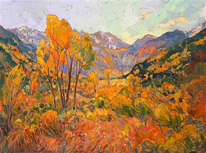 This painting was inspired by October explorations in Colorado, seeking out the brilliant color changes of the aspens and cottonwoods.  The brush strokes are thick and impressionistic, creating a mosaic of color and texture across the canvas.

This painting was created over 24 karat gold leaf, applied directly to the canvas as an "underpainting." The thin sheets of genuine gold gleam with subtle light from between the brush strokes, catching the eye and making the painting seem to glow from within. This style of painting is almost a Gustav Klimt meets Van Gogh.

Like all the <a href="https://www.erinhanson.com/Portfolio?col=24_Karat_Collection">24 Karat Collection</a> paintings, this piece was painted on 3/4" canvas and arrives framed in a classic gilded frame, ready to hang.  Please <a href"https://www.erinhanson.com/Contact"> contact the artist</a> for more pictures and video of the finished piece.  

Exhibited: St George Art Museum, Utah, in a solo exhibition celebrating the National Park's centennial: <i><a href="https://www.erinhanson.com/Event/ErinHansonMuseumShow2016" target="_blank">Erin Hanson's Painted Parks</a></i>, 2016.