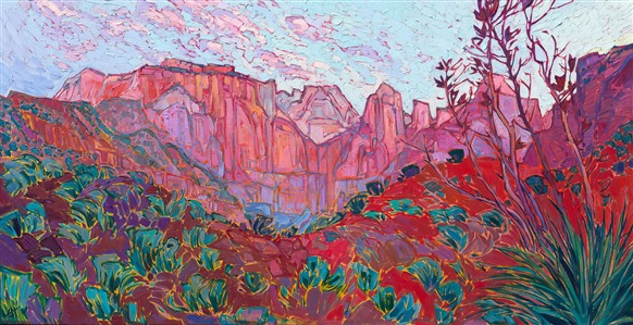 About the painting:
Waiting behind the Zion Human History Museum in the dark before dawn, I watched the sky slowly lighten into hues of pink and pale blue. The distant Court of the Patriarchs finally caught the light of sunrise, glowing deep and rich with saturated color. 

"Patriarch Sunrise" was created on gallery-depth canvas, with the painting continued around the edges. The piece arrives framed in a contemporary gold floater frame.