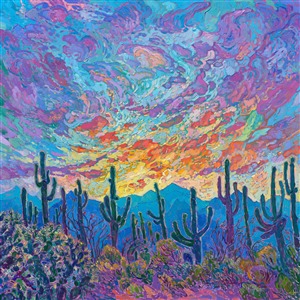 This painting celebrates the beauty of Arizona's saguaro cacti. Their tall, abstract shapes are framed by desert mountains that turn ultramarine blue as dusk approaches. Ocotillo, yellow brittlebrush, and jumping cholla complete the foreground. Thick strokes of oil paint seem to jump from the canvas, and you can experience every painterly stroke as they draw you into the painting.

"<b>Note:
"Saguaro at Sunset" is available for pre-purchase and will be included in the <i><a href="https://www.erinhanson.com/Event/SearsArtMuseum" target="_blank">Erin Hanson: Landscapes of the West</a> </i>solo museum exhibition at the Sears Art Museum in St. George, Utah. This museum exhibition, located at the gateway to Zion National Park, will showcase Erin Hanson's largest collection of Western landscape paintings, including paintings of Zion, Bryce, Arches, Cedar Breaks, Arizona, and other Western inspirations. The show will be displayed from June 7 to August 23, 2024.

You may purchase this painting online, but the artwork will not ship after the exhibition closes on August 23, 2024.</b>
<p>
