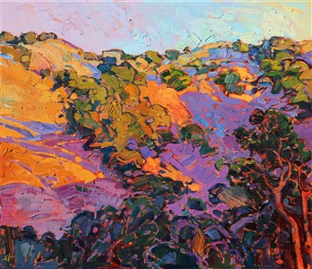 Early dawn light casts rich lavender shadows across morning-orange hills of Napa's wine country. Thick, impressionistic brush strokes build up layers of color that add an extra dimensions to the painting.  

The painting was done on 1-1/2" canvas, with the painting continued around the edges.  It has been framed in a hand-carved, open impressionist frame.


We are donating 10% of this painting sale to the <i>Napa Valley Community Disaster Relief Fund </i> and the <i>Sonoma Humane Society</i>. 

For the next 30 days we will also be donating 100% of all proceeds from her <a href="https://www.erinhanson.com/WineCountryBook" target="_blank">California Wine Country</a> book sales to these hardworking and much valued non-profits. 