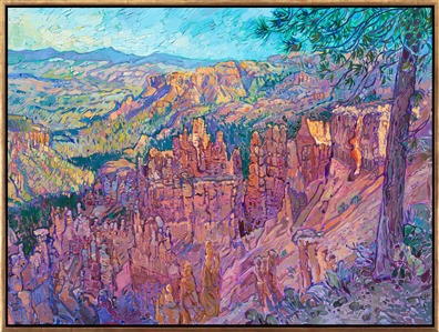 The landscape of Bryce Canyon is beautiful to paint. The unusual spires of red rock (known as hoodoos) add texture to the landscape and catch and reflect the light in interesting ways. This painting was inspired by a recent trip to Bryce Canyon, Arches, and Zion National Parks.
<b>Note:
"Bryce Canyon II" is available for pre-purchase and will be included in the <i><a href="https://www.erinhanson.com/Event/SearsArtMuseum" target="_blank">Erin Hanson: Landscapes of the West</a> </i>solo museum exhibition at the Sears Art Museum in St. George, Utah. This museum exhibition, located at the gateway to Zion National Park, will showcase Erin Hanson's largest collection of Western landscape paintings, including paintings of Zion, Bryce, Arches, Cedar Breaks, Arizona, and other Western inspirations. The show will be displayed from June 7 to August 23, 2024.

You may purchase this painting online, but the artwork will not ship after the exhibition closes on August 23, 2024.</b>
<p>