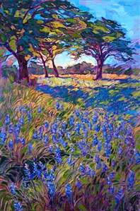 A blanket of spring bluebonnets drapes across the green grass of Texas hill country. The vivid hues of the wildflowers seem to dance among the waving greenery. Each brush stroke is loose and impressionistic, capturing the abstract sense of the landscape.

"Spring Bluebonnets" was created on 1-1/2" deep canvas, with the painting continued around the sides of the canvas. The piece has been framed in a custom gold floater frame.