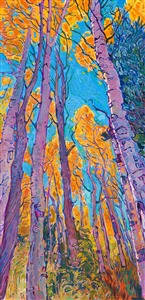 Stately aspens tower high above against an October blue sky. This painting of Cedar Breaks National Monument in southern Utah captures the vibrant hues of the quaking aspen in autumn glory. Thick brush strokes of oil paint add dimension and movement to the painting.

<b>Note:
"Aspen Blues" is available for pre-purchase and will be included in the <i><a href="https://www.erinhanson.com/Event/SearsArtMuseum" target="_blank">Erin Hanson: Landscapes of the West</a> </i>solo museum exhibition at the Sears Art Museum in St. George, Utah. This museum exhibition, located at the gateway to Zion National Park, will showcase Erin Hanson's largest collection of Western landscape paintings, including paintings of Zion, Bryce, Arches, Cedar Breaks, Arizona, and other Western inspirations. The show will be displayed from June 7 to August 23, 2024.

You may purchase this painting online, but the artwork will not ship after the exhibition closes on August 23, 2024.</b>
<p>