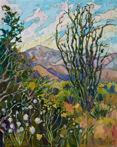 The 2017 desert super bloom in California is captured forever in this contemporary impressionistic painting.  The desert valley was covered in a blanket of yellow and white blooms, with bursts of purple and blue scattered between.  The lush colors are re-created here in oil, bringing back to life the transient beauty of the desert.

This painting was created on 1-1/2" deep canvas, with the painting continued around the edges.  The painting arrives framed in a carved floater frame designed for the painting.

This painting will be displayed at <a href="https://www.erinhanson.com/event/californiasuperbloomartexhibition">The Super Bloom Show</a>, September 9th, at The Erin Hanson Gallery in San Diego.  If you purchase this painting before the show, your piece will be shipped to you after September 9th.