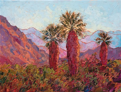 Shaggy palms stand proudly before the jagged mountains of Anza Borrego State Park. These palms mark the entrance of the local camping ground.  The desert plantlife is green and full after the spring rains. The brush strokes in this painting are loose and impressionistic, alive with color and motion.

This painting was done on 3/4" canvas. We have two frames available for this painting: one is an elegant, hand-carved gold frame, and the other is a smooth cherry wood frame.  You can see the two framed images above.

<B>Note:
"Borrego in Abstract" is included in <I>Erin Hanson: Landscapes of the West</i> solo museum exhibition at the Sears Art Museum in St. George, Utah. This museum exhibition, located at the gateway to Zion National Park,  features Erin Hanson's largest collection of Western landscape paintings, including paintings of Zion, Bryce, Arches, Cedar Breaks, Arizona, and other Western inspirations. Show Dates: June 7 to August 23, 2024.</B>