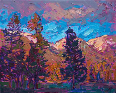 The beautiful color of nothern Montana is portrayed in this painting using thick, impasto brush strokes.  The expressive nature of this petite painting captures the feeling of being outside in wide open space.

This painting was done on 3/4" stretched canvas, and it has been framed in a classic plein-air frame. It will arrive wired and ready to hang.