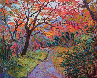 This Kyoto-inspired oil painting captures the delicate majesty of the Japanese maple. The colors are vibrant and fresh, and the painterly brush strokes are alive with texture and movement.  The curving path invites you along the road in your imagination.

This painting was done on 1-1/2" canvas, with the painting continued around the sides of the canvas.  The piece arrives framed in a simple gold floater frame, ready to hang.