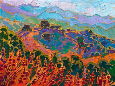 Rolling California hills and oak trees catch the light of the setting sun in this petite oil painting. The brush strokes are thick and impressionistic, capturing the lush color of central California wine country.

"Hills and Oaks" was created on fine linen board. The painting arrives framed in a gold plein air frame, ready to hang.
