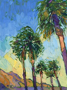 Warm summer palms burst with color in this oil painting of Palm Springs, California.  The impasto brush strokes and loose and impressionistic, full of movement.  This painting captures the feeling you get being in Palm Springs and seeing the sun rise behind the omnipresent palms trees.

The painting was done on fine canvas board, and it arrives framed and ready to hang.