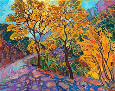 Cottonwood trees love growing near water, and they give Zion's canyon wash beautiful shade and pops of color in the autumn. This painting captures the cottonwood trees in October in Zion National Park.

<b>Note:
"Cottonwood Shadows" is available for pre-purchase and will be included in the <i><a href="https://www.erinhanson.com/Event/SearsArtMuseum" target="_blank">Erin Hanson: Landscapes of the West</a> </i>solo museum exhibition at the Sears Art Museum in St. George, Utah. This museum exhibition, located at the gateway to Zion National Park, will showcase Erin Hanson's largest collection of Western landscape paintings, including paintings of Zion, Bryce, Arches, Cedar Breaks, Arizona, and other Western inspirations. The show will be displayed from June 7 to August 23, 2024.

You may purchase this painting online, but the artwork will not ship after the exhibition closes on August 23, 2024.</b>
<p>