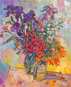 A pair of vases hold the bounty of an Oregon garden in springtime -- purple irises, red and orange rhododendron, and white dogwood blooms. The loose, impressionistic brushstrokes capture the beautiful light and color of spring.

These irises, awash in purples, oranges, and yellows, practically jump off the canvas in Hanson's newest painting. Each bloom seems to vibrate with energy, as though ready to burst into the world and unleash its untamed beauty. The interplay of light and shadow is masterful, casting the flowers in a warm, radiant glow that makes them all the more alluring.
﻿
With her signature impasto technique, Erin Hanson brings each freshly plucked bloom to the forefront. The texture of the brush strokes gives the flowers a three-dimensional feel that transports you straight into the garden. You can almost feel the petals between your fingers and smell the sweet fragrance. This painting is not just a depiction of flowers, it's a masterpiece that captures the essence of nature and beauty. Knowing that the irises were freshly plucked from the artist's garden only adds to the allure and charm of the artwork. It's a true work of art that belongs in any nature lover's collection.

"Garden Blooms" is an original oil painting on stretched canvas. The piece arrives framed in a gold floating frame.