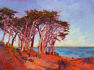 Monterey at dawn is an inspiring sight for an artist!  The rich caramel colors of early light play across the cypress trees and coastal landscape, making the cypress trees come alive with vivid, saturated hues.

This painting was created on a gallery-depth canvas with the painting continued around the edges. It arrives framed and ready to hang.

Exhibited: "Impressions in Oil", Studios on the Park. Paso Robles, CA. 2015