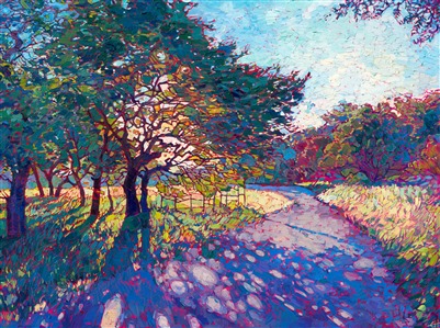 Crystalline light filters through the boughs of this oak tree, casting scintillating shadows across the curving pathway. The colors in the painting are vibrant and alive with light, while the thick texture of the oil paint creates a dynamic sense of motion. This painting captures all the peace and beauty of the natural landscape.

This painting was created on 1-1/2" canvas, with the painting continued around the edges.  It has been framed in a gold floater frame and arrives ready to hang.
