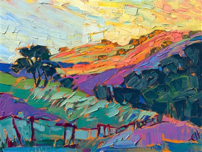Rainbow hues of early dawn sparkle across the rolling hills of Paso Robles wine country. The impasto brush strokes are thick and lively, capturing the transient beauty of the changing light.

"Fence and Hills" was created on linen board, and the oil painting arrives framed in a plein air frame.