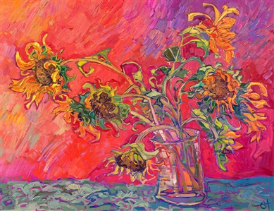 A vase of summer sunflowers stands against a red background. The large heads of the sunflowers are framed with drying yellow petals and curling green leaves. The brush strokes in this impressionist painting are thick and expressive, alive with color and movement.

"Summer Sunflowers" is an original oil painting created on gallery-depth, stretched canvas. The painting arrives framed in a closed-corner, gilded floater frame.