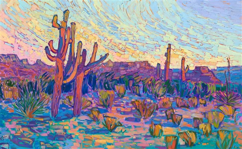 This painting of Arizona saguaros celebrates the vibrant colors of the southwest. The thick, impressionistic brush strokes create a mosaic of color and texture across the canvas, pulling your eye through the painting so that you become immersed in imagination.

<b>Did you know…?</b>

* The average saguaro has a lifespan of 150 to 175 years. Biologists believe that some may live for over 200 years.

* Because of their slow growth, a saguaro often takes 50 to 70 years to grow their first arms. By the time they are 100, they typically have several arms.

* The oldest recorded saguaro grew over 40 feet tall and had 52 arms.
_____ 

<b>Note:
"Saguaro Hues" is available for pre-purchase and will be included in the <i><a href="https://www.erinhanson.com/Event/SearsArtMuseum" target="_blank">Erin Hanson: Landscapes of the West</a> </i>solo museum exhibition at the Sears Art Museum in St. George, Utah. This museum exhibition, located at the gateway to Zion National Park, will showcase Erin Hanson's largest collection of Western landscape paintings, including paintings of Zion, Bryce, Arches, Cedar Breaks, Arizona, and other Western inspirations. The show will be displayed from June 7 to August 23, 2024.

You may purchase this painting online, but the artwork will not ship after the exhibition closes on August 23, 2024.</b>
<p>