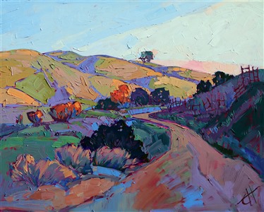 Thick with texture and motion, this oil painting captures the back country roads of Paso Robles, California. As the sun rose low on the horizon, the sunrays slowly reached into the valley floor, catching the tips of oak trees orange with fiery morning light.