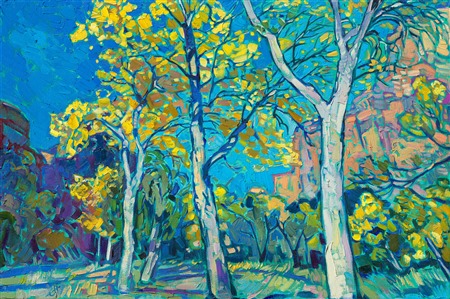 Cottonwood trees line the road into the canyons of Zion National Park. In autumn their leaves turn brilliant shades of yellow. I love painting their bright colors against a backdrop of deep amethyst canyon walls.

<b>Note:
"Cottonwoods at Zion" is available for pre-purchase and will be included in the <i><a href="https://www.erinhanson.com/Event/SearsArtMuseum" target="_blank">Erin Hanson: Landscapes of the West</a> </i>solo museum exhibition at the Sears Art Museum in St. George, Utah. This museum exhibition, located at the gateway to Zion National Park, will showcase Erin Hanson's largest collection of Western landscape paintings, including paintings of Zion, Bryce, Arches, Cedar Breaks, Arizona, and other Western inspirations. The show will be displayed from June 7 to August 23, 2024.

You may purchase this painting online, but the artwork will not ship after the exhibition closes on August 23, 2024.</b>
<p>