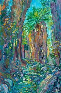 Indian Canyon Palm Oasis in Palm Springs, California, is lush and green all year around, even in the middle of summer. The trickling stream of water stays cool under the arbor of ferns and palm fronds. This painting captures the emerald colors of the desert oasis with thick, expressive brush strokes in Hanson's unique Open Impressionism style.

<b>Note:
"Emerald Oasis" is available for pre-purchase and will be included in the <i><a href="https://www.erinhanson.com/Event/SearsArtMuseum" target="_blank">Erin Hanson: Landscapes of the West</a> </i>solo museum exhibition at the Sears Art Museum in St. George, Utah. This museum exhibition, located at the gateway to Zion National Park, will showcase Erin Hanson's largest collection of Western landscape paintings, including paintings of Zion, Bryce, Arches, Cedar Breaks, Arizona, and other Western inspirations. The show will be displayed from June 7 to August 23, 2024.

You may purchase this painting online, but the artwork will not ship after the exhibition closes on August 23, 2024.</b>
<p>