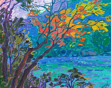 This Japanese maple tree is aglow in all the vibrant colors of autumn. The tree hangs over a wide, slow river in Japan called Arashiyama. The far bank is blue and turquoise in the distance, the perfect backdrop to the colors of the maple tree.

"Maple Blues" is an original oil painting on linen board. The piece arrives framed in a gold plein air frame, ready to hang.