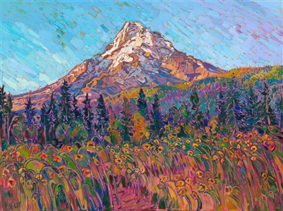 I painted this view of Mt Hood from the Hood River Valley (also known as the "Fruit Loop" because of all the fruit orchards). The sunflowers were in late bloom, and the first light of morning cast a ruddy glow on the snow-dappled peak of Mount Hood. Thick, expressive brush strokes laid side by side without blending create a highly textured oil painting that is alive with motion and vibrant color.